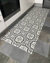 Moroccan Style Vinyl Runner Rug in Grey & White Pattern, Kitchen Floor Mat Decorative Tile Effect Design - thumbnail 1