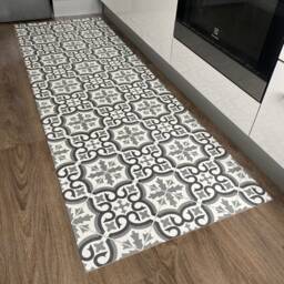 Moroccan Style Vinyl Runner Rug in Grey & White Pattern, Kitchen Floor Mat Decorative Tile Effect Design - thumbnail 4