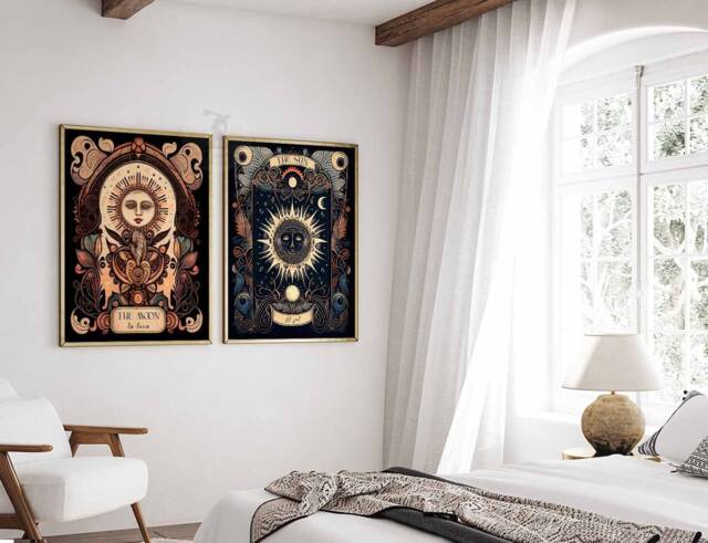 Set Of 2 Sun & Moon Tarot Posters, Astrology Art, Celestial Wall Boho Decor, Mystical Print, Spiritual Decor - image 1
