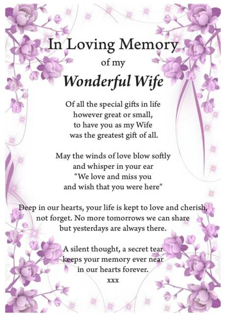 Wife in Loving Memory Print, Funeral Poem, Missing You, Bereavement, Heaven Grief Wife Heaven - image 1