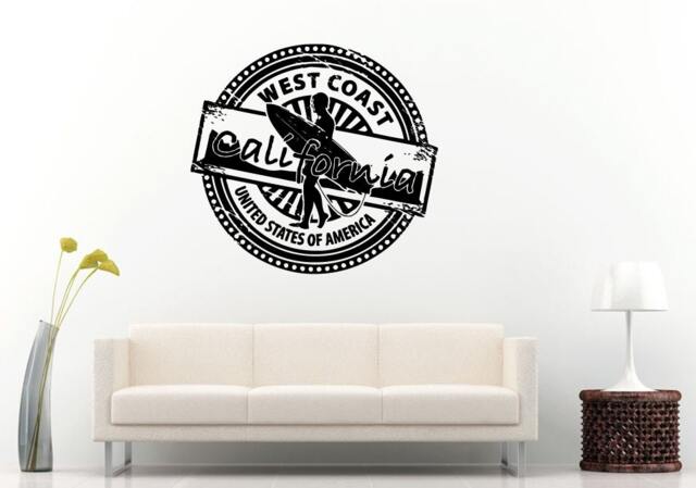California West Coast Surfer Surfboard Stamp Logo Emblem Wall Decal Vinyl Sticker Mural Room Decor L913 - image 1