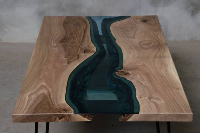 River Coffee Table Made European Walnut Slabs, River Edge With Blue Glass - image 1