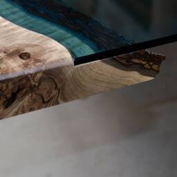 River Coffee Table Made European Walnut Slabs, River Edge With Blue Glass - thumbnail 4