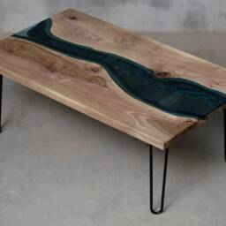 River Coffee Table Made European Walnut Slabs, River Edge With Blue Glass - thumbnail 2