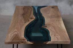 River Coffee Table Made European Walnut Slabs, River Edge With Blue Glass