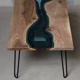 River Coffee Table Made European Walnut Slabs, River Edge With Blue Glass - thumbnail 3