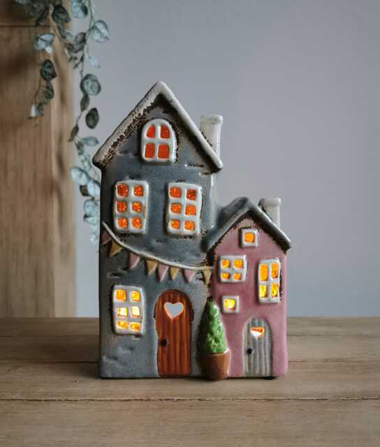 Large Double Ceramic House Tea Light Holder With Bunting - image 1