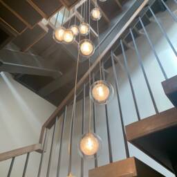 Long Cascading Stairwell Chandelier Blown Glass Globes, Modern Pendant Lighting - thumbnail 3