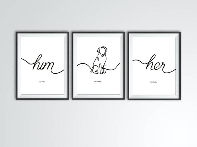 Typography Hand Drawn Dog Print, Bespoke Triple Artwork, Custom Pet Gift, Unique Wall Decor - image 1