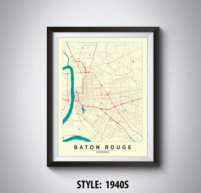 Baton Rouge Map Poster Louisiana Travel Wall Art - 1940S Style - image 1