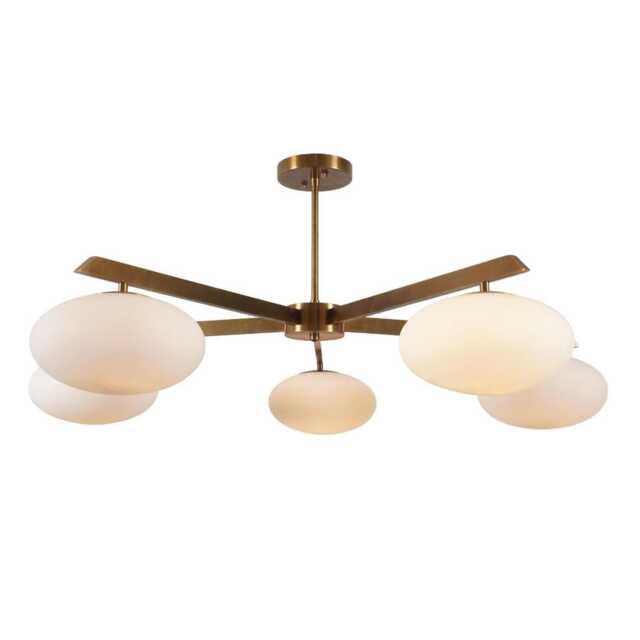 Mid-Century Brass Sputnik Light - White Glass Shade Pendant Lighting - image 1
