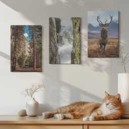 Set Of 3 Canvas Prints - Road in The Forest, Mountains & Deer Nature, Brown Picture Print, Landscapes Wall Decor - thumbnail 2