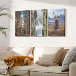 Set Of 3 Canvas Prints - Road in The Forest, Mountains & Deer Nature, Brown Picture Print, Landscapes Wall Decor - thumbnail 3