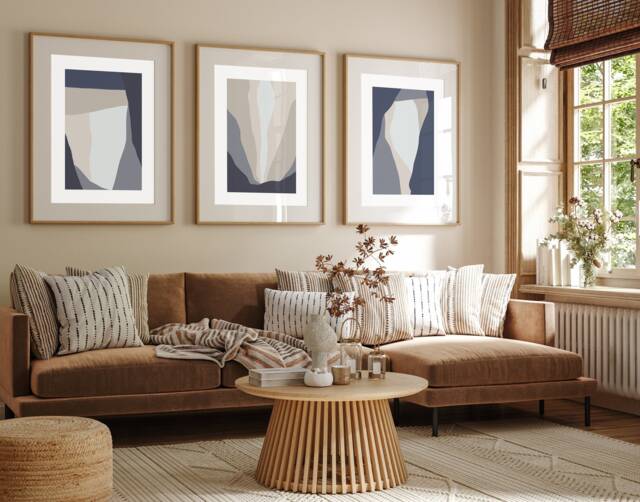 Geometric Navy, Beige Block Colour, Abstract Boho Wall Print, Organic Shapes Minimalist Poster, Contemporary Art Print, Fast Delivery A2 Prints - image 1