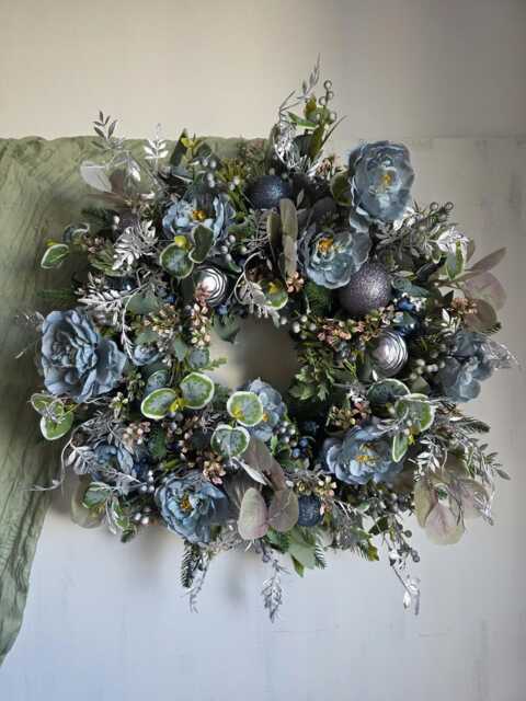 Christmas Wreath, Dusky Blue Vintage Peony, Silver Glitter Bauble Wreath For Front Door, Green Eucalyptus Wreath, Large Winter Berry Door - image 1