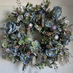 Christmas Wreath, Dusky Blue Vintage Peony, Silver Glitter Bauble Wreath For Front Door, Green Eucalyptus Wreath, Large Winter Berry Door - thumbnail 2