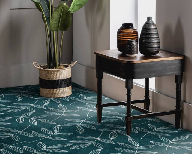 Marker Drawing Leaves Design Vinyl Flooring, Green Flooring Linoleum, White Waterproof Material, Floral Living Room Decoration, Office Decor - image 1