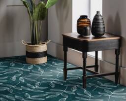 Marker Drawing Leaves Design Vinyl Flooring, Green Flooring Linoleum, White Waterproof Material, Floral Living Room Decoration, Office Decor - thumbnail 1