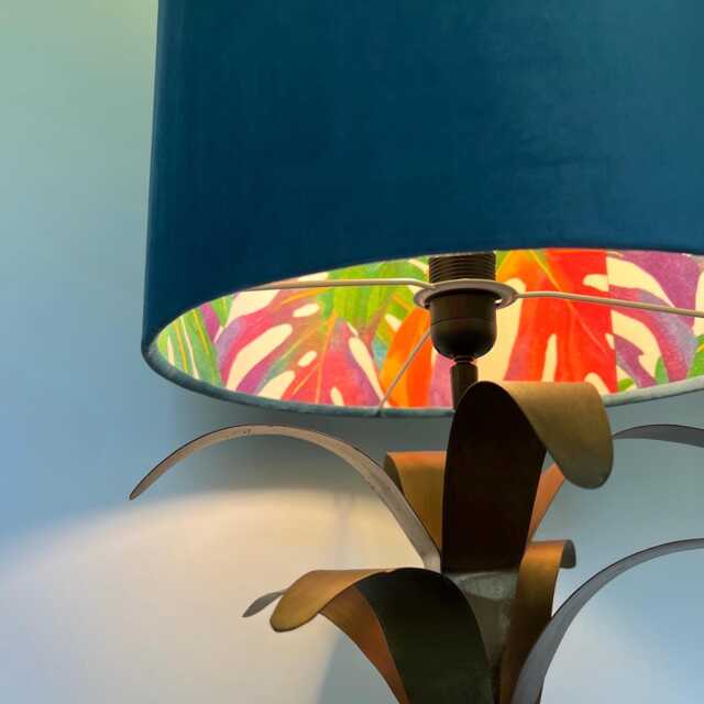 Teal Velvet Drum Lampshade, Double Sided Lampshade With Multicoloured Leaves Interior, Ceiling Light Shade - image 1