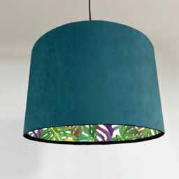 Teal Velvet Drum Lampshade, Double Sided Lampshade With Multicoloured Leaves Interior, Ceiling Light Shade - thumbnail 2