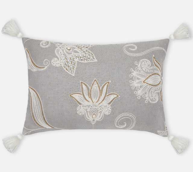 Grey Embroidered Pillow Cover, Gold Seed Bead Floral, Tassel Accent - Bmcc029 - image 1