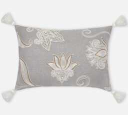 Grey Embroidered Pillow Cover, Gold Seed Bead Floral, Tassel Accent - Bmcc029