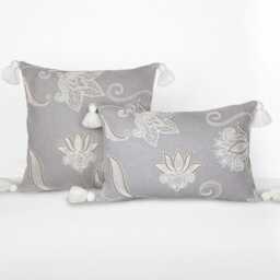 Grey Embroidered Pillow Cover, Gold Seed Bead Floral, Tassel Accent - Bmcc029 - thumbnail 2