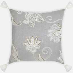 Grey Embroidered Pillow Cover, Gold Seed Bead Floral, Tassel Accent - Bmcc029 - thumbnail 3