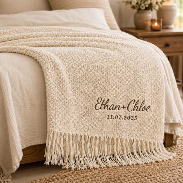 Personalized Embroidered Knit Throw Blanket, Custom Couple Name Wedding Gift For Newlyweds, Cozy Home Decor Blanket, Anniversary - image 1
