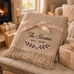 Personalized Embroidered Knit Throw Blanket, Custom Couple Name Wedding Gift For Newlyweds, Cozy Home Decor Blanket, Anniversary - thumbnail 4