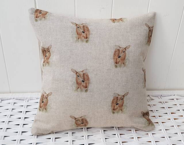 Deer Small Cushion, Linen Look Fawn Pillow, On Both Sides, With Polyester Pad - image 1