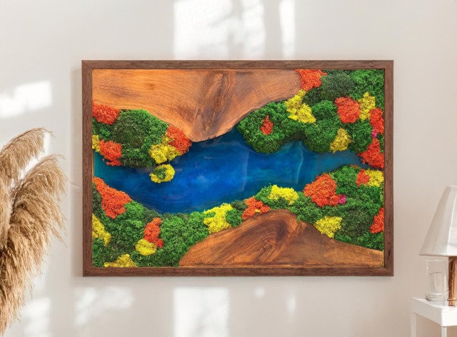 Handmade Olive Wood Moss Wall Art Blue Resin River & Preserved Decor - image 1