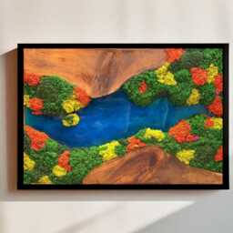 Handmade Olive Wood Moss Wall Art Blue Resin River & Preserved Decor - thumbnail 2