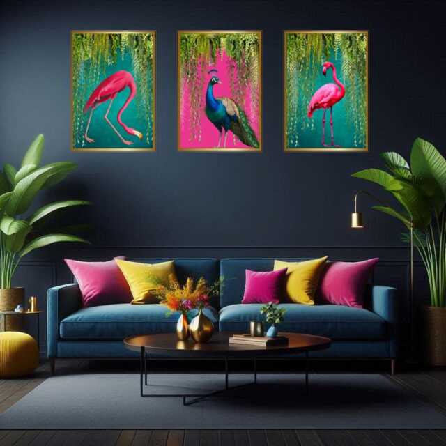 Tropical Bird Print Set Teal Flamingos & Hot Pink Peacock - Maximalist Wall Art - image 1