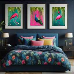 Tropical Bird Print Set Teal Flamingos & Hot Pink Peacock - Maximalist Wall Art - thumbnail 3