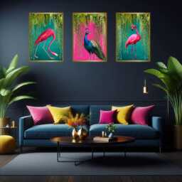 Tropical Bird Print Set Teal Flamingos & Hot Pink Peacock - Maximalist Wall Art