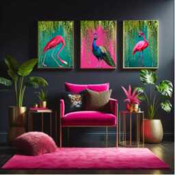 Tropical Bird Print Set Teal Flamingos & Hot Pink Peacock - Maximalist Wall Art - thumbnail 2