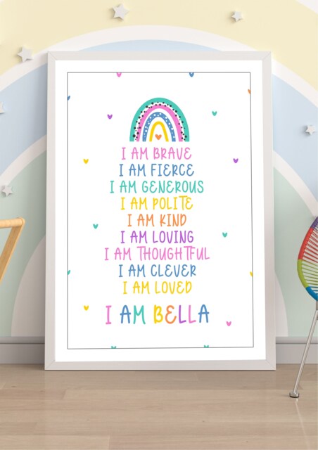 Personalised I Am Affirmation Print - Rainbow Robot Dino A4 Gift Birthday Bedroom School Boys Girls Brave Strong Fierce Loved Am Kind - image 1