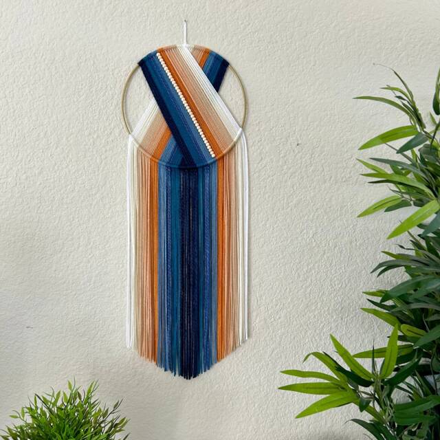 Blue & Orange Macrame Wall Hanging With Beads, Retro Decor - image 1