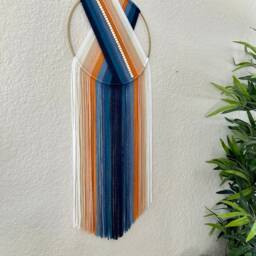 Blue & Orange Macrame Wall Hanging With Beads, Retro Decor - thumbnail 3