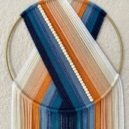 Blue & Orange Macrame Wall Hanging With Beads, Retro Decor - thumbnail 2