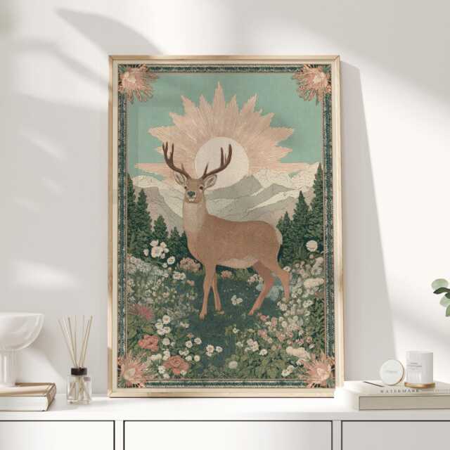 Majestic Stag Print - Vintage Woodland Deer Artwork With Mountains & Wildflowers - image 1