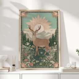 Majestic Stag Print - Vintage Woodland Deer Artwork With Mountains & Wildflowers - thumbnail 1