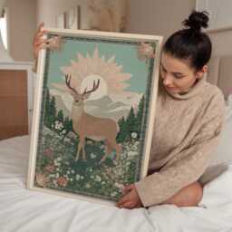 Majestic Stag Print - Vintage Woodland Deer Artwork With Mountains & Wildflowers - thumbnail 3