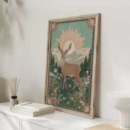 Majestic Stag Print - Vintage Woodland Deer Artwork With Mountains & Wildflowers - thumbnail 2