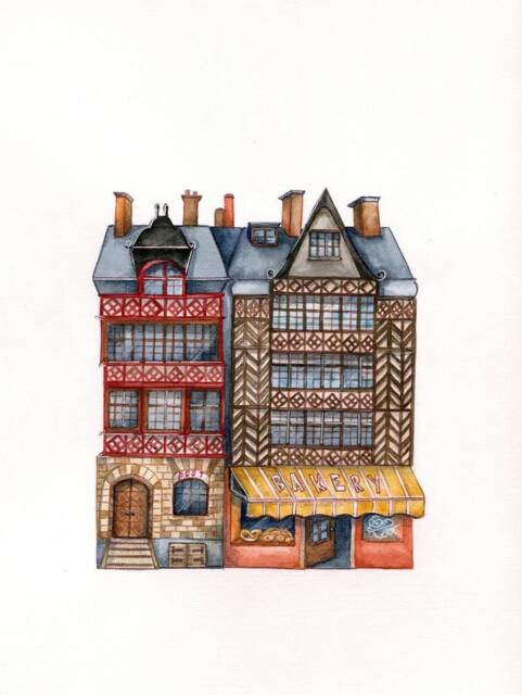 Original Wonky Houses Painting, House Painting , Watercolor Aquarell Pencil Drawing, Home Decor - image 1