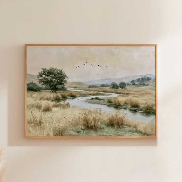 Meadow River Poster, Neutral Landscape Print, Country Wall Art, Paper - image 1