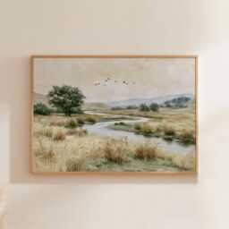 Meadow River Poster, Neutral Landscape Print, Country Wall Art, Paper - thumbnail 1