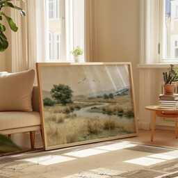 Meadow River Poster, Neutral Landscape Print, Country Wall Art, Paper - thumbnail 4