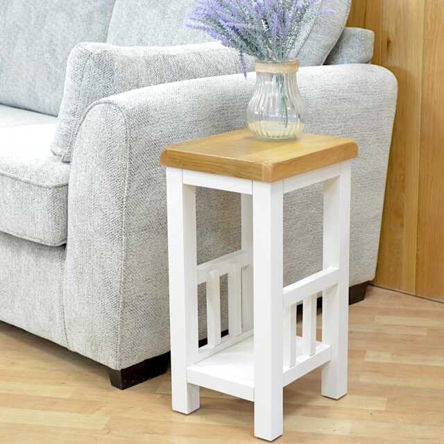 Painted Solid Wood Side Table White & Oak, Magazine Rack, Assembled - image 1